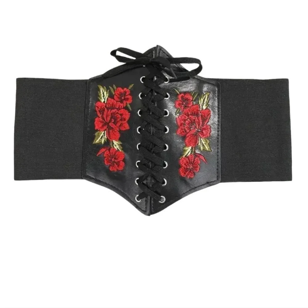 Gothic Corset Belt Black Faux Leather Red Rose Lace Up Waist Cincher Medieval
